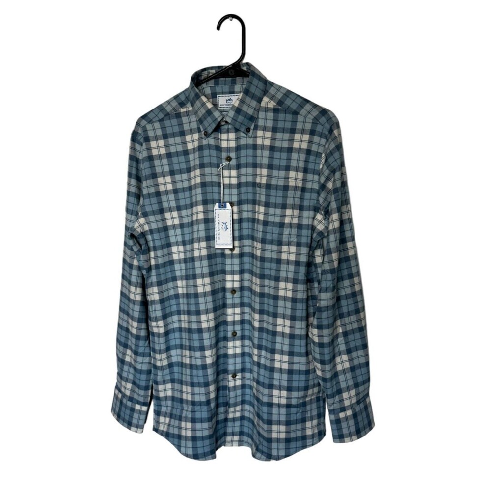 Southern Tide Shirt Mens Small Blue Gray Plaid Intercoastal Flannel Stretch NEW